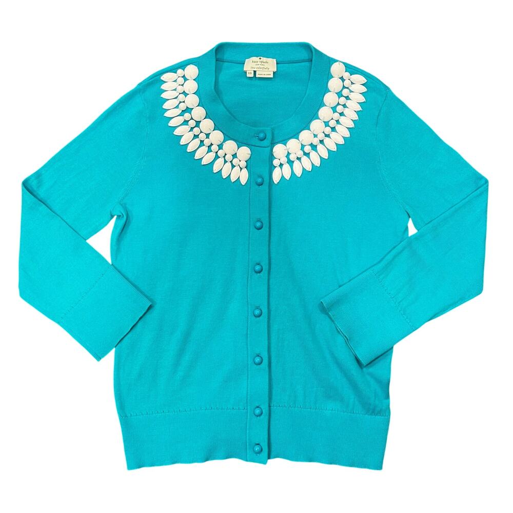 Kate Spade Kati Beaded 3/4 Sweater Diva Blue Turquoise Size XS X-Small  EUC